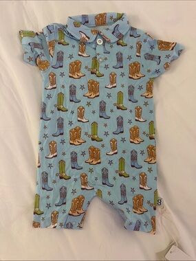 Goosies Cowboy Boots & Stars Bamboo Polo Romper | Baby Boy | NWT